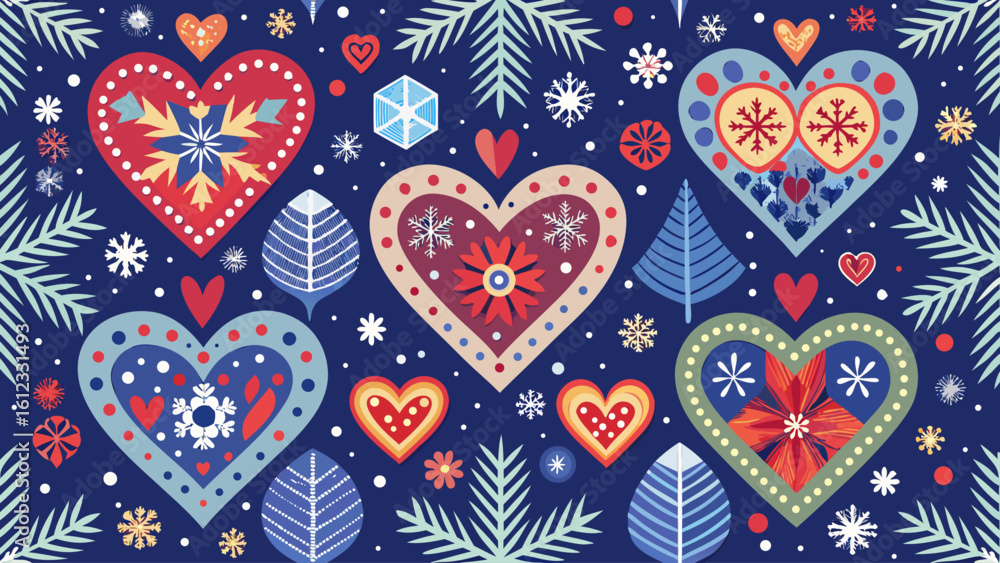 Naklejka premium Seamless winter pattern with hearts and snowflakes on dark background, vector