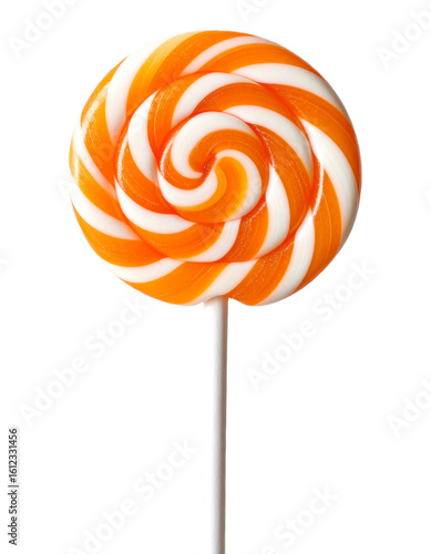 Vibrant orange and white swirl lollipop on a stick for delightful candy designs