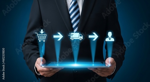 Businessman displays digital order fulfillment process on tablet.  The visual depicts online shopping, delivery, and customer service stages.