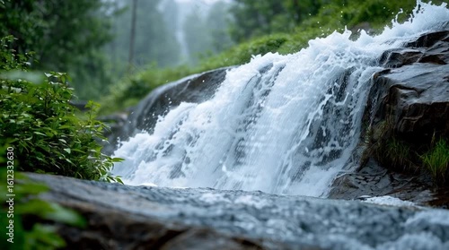Waterfall with flowing water on rocky steps