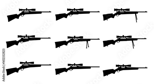 Powerful sniper rifles with scopes and bipods showcased in a dynamic silhouette collection for hunting, sport, and tactical applications