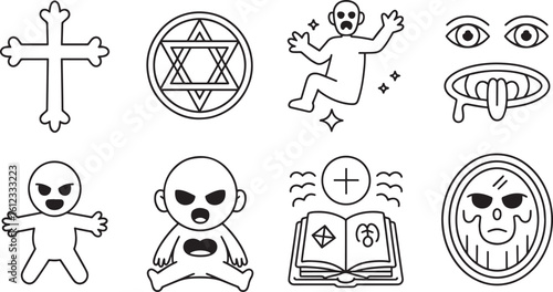 Creepy Horror Elements Collection Line Art Style Cross Hexagram Figure Man Eyes Portal Mirror