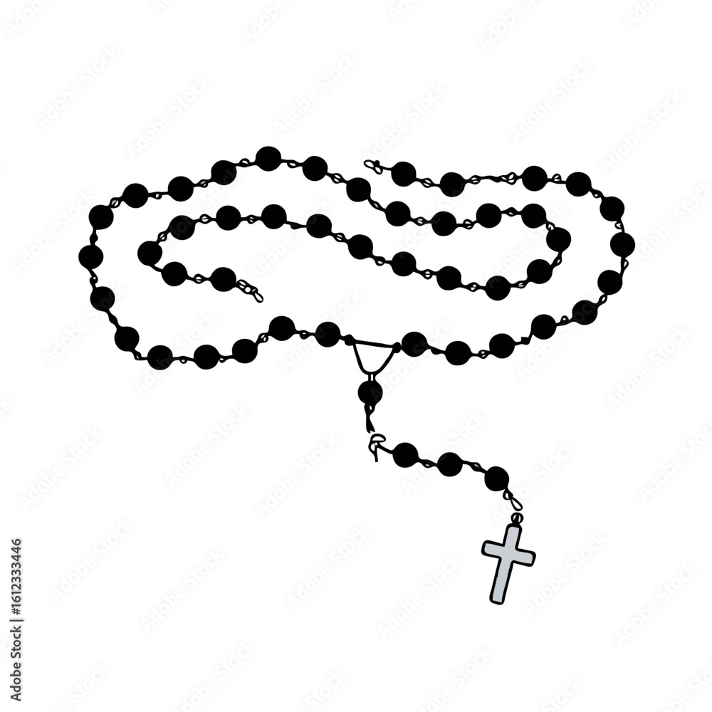 Fototapeta premium Black rosary beads with cross pendant on white background