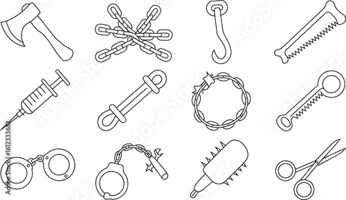 Macabre Tools Icons Set Axe Chains Hook Saw Syringe Wrench Barbed Wire Handcuffs Mallet Scissors