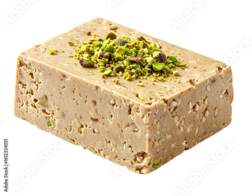 Delicious halva block adorned with fresh pistachios a sweet sesame treat from the Middle East