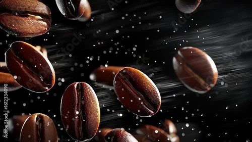 Coffee beans are floating in mid-air, surrounded by droplets of water, creating a dynamic and fresh atmosphere, highlighting the essence of coffee culture and brewing