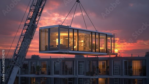 Modern Prefabricated Modular Home Unit Being Lifted by a Crane Against a Vibrant Sunset Sky Over a Cityscape