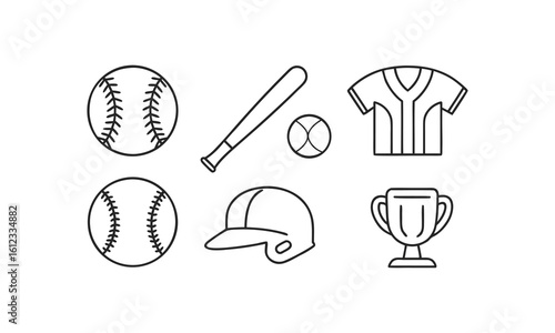 Baseball and Sports Icon Set – Bats, Balls, Jerseys, Caps, Shoes, Helmets, and Trophy in Circle Outline Style