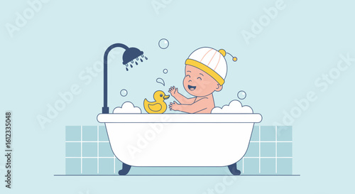 Happy Baby Splashing In Bathtub With Rubber Duck For Bath Time Fun