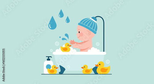 Happy Baby Taking A Bath With Rubber Ducks Illustration Design