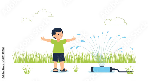 Happy Boy Enjoys Summer Fun Playing With Sprinkler In the Green Garden