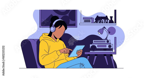 Young woman relaxing at home, listening to music on headphones and using a tablet - perfect for blog posts or app promotion.