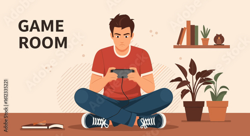 Focused Young Man Playing Mobile Game in Living Room Relaxation Concept