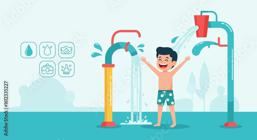 Happy Boy Having Fun At Waterpark In Summer Time Vector Illustration