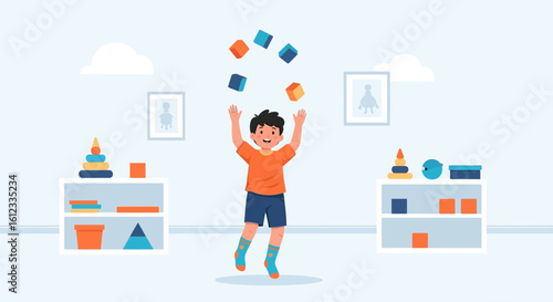 Happy Boy Juggling Cubes In Childrens Room Full Of Educational Toys