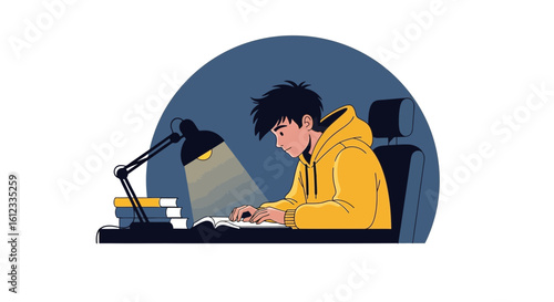 Focused Young Student Studying Diligently Late At Night Under Desk Lamp