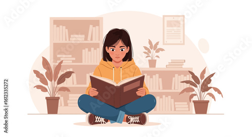 Focused Young Woman Reading At Home Surrounded With Books And Plants
