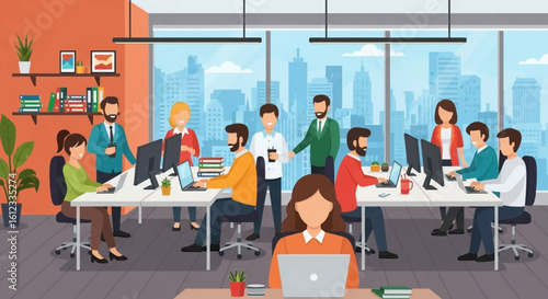 Diverse team of professionals working collaboratively in a modern office space with a city view. Ideal for websites, presentations, or brochures showcasing teamwork and business success.