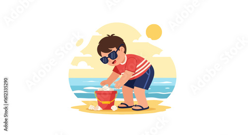 Happy Boy Playing On Sunny Beach With Sand And Seashells In Summer Holiday
