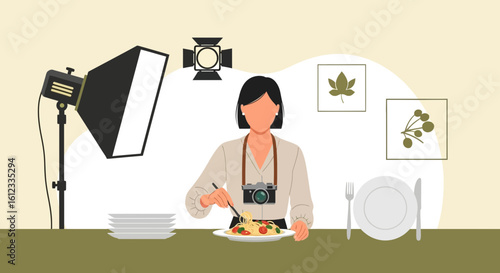 Food Photographer In Studio With Professional Lighting Equipment And Styling Plates