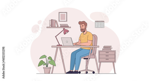 Man working on laptop at home office, perfect for website banners or blog posts about remote work.