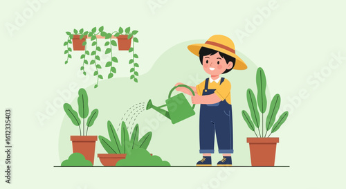 Happy Boy Taking Care Of Plants By Watering Them With Watering Can