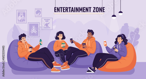Friends Chilling Together Relaxing On Beanbag Chairs In Entertainment Zone