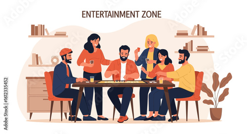 Friends And Family Enjoying Board Game Night At Home In Cozy Atmosphere