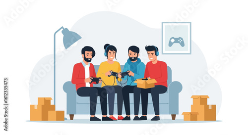 Friends Enjoying Gaming Session After Moving Into A New House Together