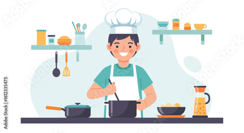Happy Chef Preparing Delicious Meal In Kitchen With Various Utensils