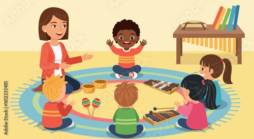 Enthusiastic teacher guiding diverse young children in musical exploration and expression in a colorful classroom
