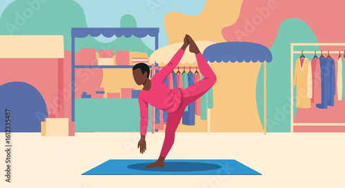 Man practicing yoga Natarajasana pose near clothing stalls, perfect for wellness websites or brochures.