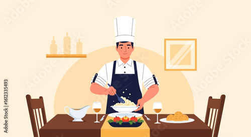Happy Chef Preparing Special Dinner On Table In Beautiful Dining Room