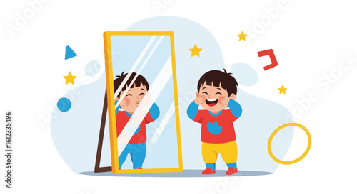Happy child admiring himself in the mirror, reflecting on self esteem and joy, a heartwarming illustration of childhood innocence