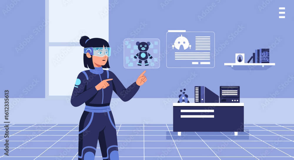 Obraz premium Futuristic augmented reality interface with woman interacting with virtual objects