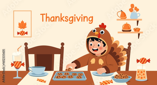 Funny Thanksgiving Holiday With Cartoon Boy Costume and Homemade Treats
