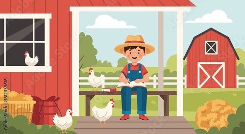 Enthusiastic Young Farmer Taking Notes on His Farm Amidst His Chickens