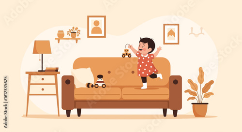 Happy Child Playing With Toys on Sofa In A Cozy Home Interior