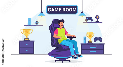 Gamer sitting in a gaming chair in front of his consoles in the game room playing video games online and enjoying his hobby