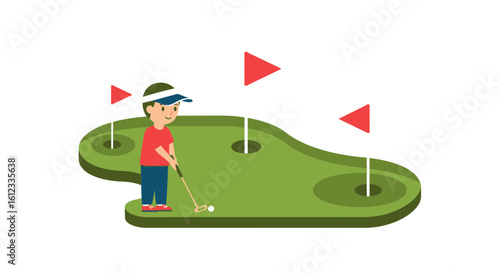 Enthusiastic Young Golfer Putting on Green Field in Summer Day