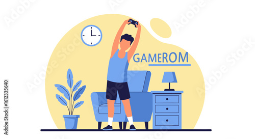 Gamer Taking A Break To Stretch Arms In The Gameroom Concept