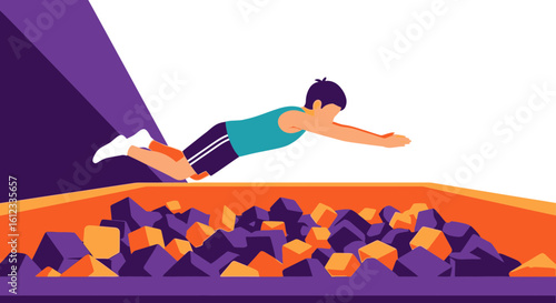 Enthusiastic Young Man Diving Into Foam Pit At Entertainment Center