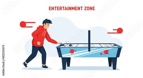 Enthusiastic young man playing air hockey in an entertainment zone setting