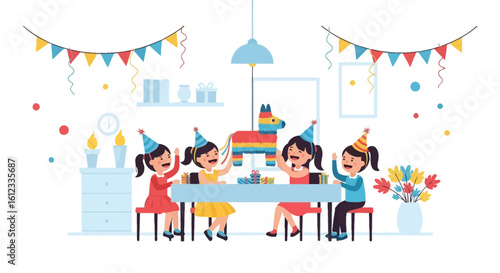 Happy Children Celebrating A Birthday Party With A Colorful Pinata And Decorations