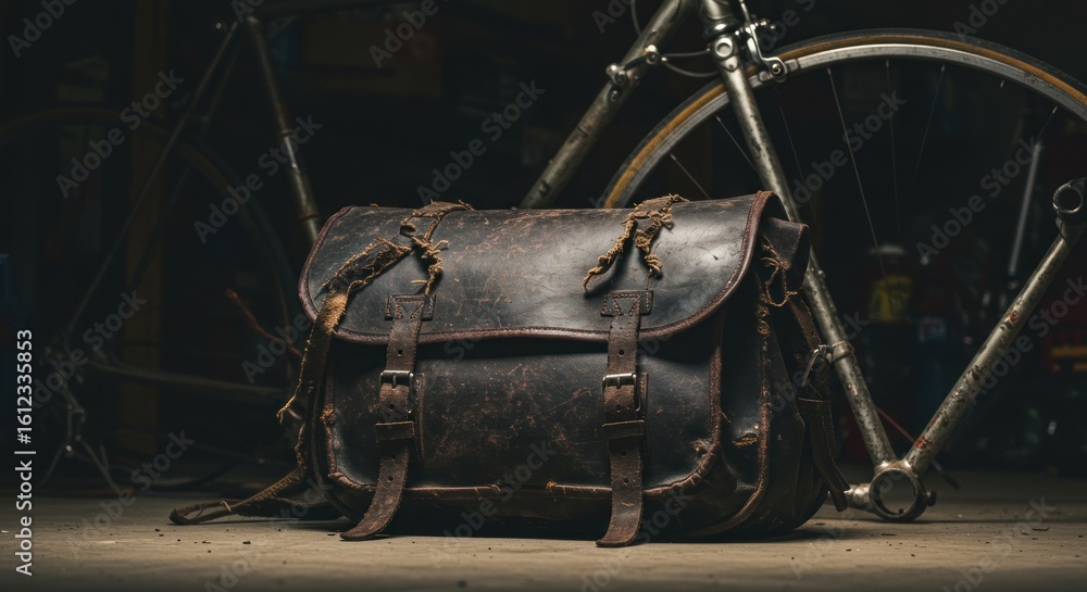 Fototapeta premium Aged leather satchel near bikes