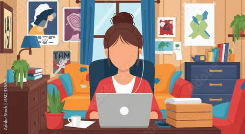 Young woman working from home on laptop, cozy home office illustration for blog or website.