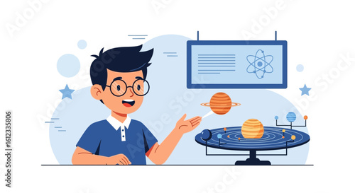 Enthusiastic Young Student Explaining Solar System with Science Model in Classroom