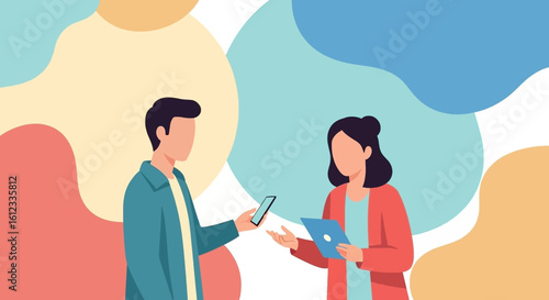 Two faceless individuals exchanging information using a smartphone and tablet, ideal for websites and presentations on communication or technology.