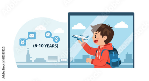 Enthusiastic young traveler in an airport setting dreaming of aviation adventures ahead with a toy airplane in hand
