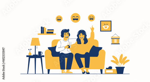 Happy couple enjoying time together at home, expressing joy and connection through music and shared laughter, surrounded by positive vibes